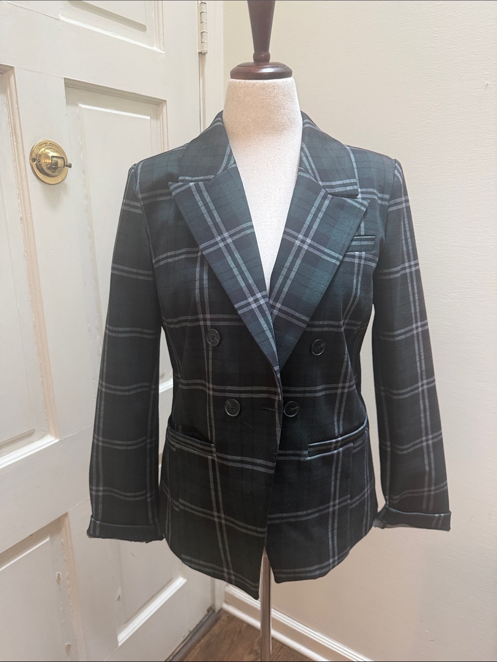 Double-Breasted Plaid Blazer in Dark Green